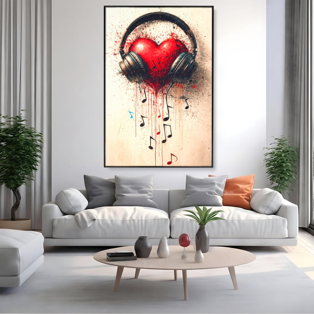 Tablou canvas cu tablou canvas cu inima rosie si casti audio, in rama de aluminiu negru, pe perete intr-un living